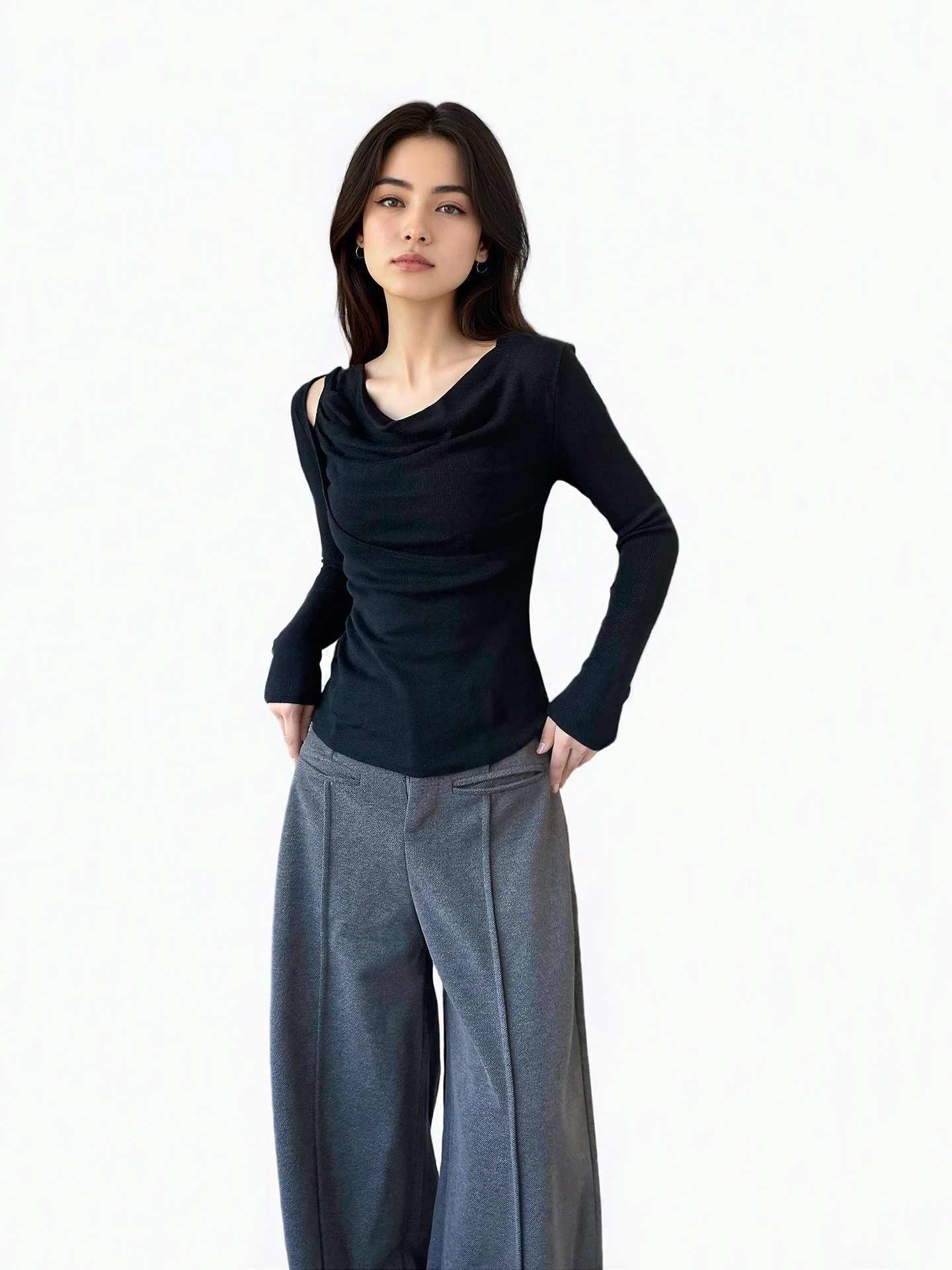 

ANGJIA весенний вязаный длинный женский топ Ne, повседневная удобная футболка с полостями и нерегулярным дизайном