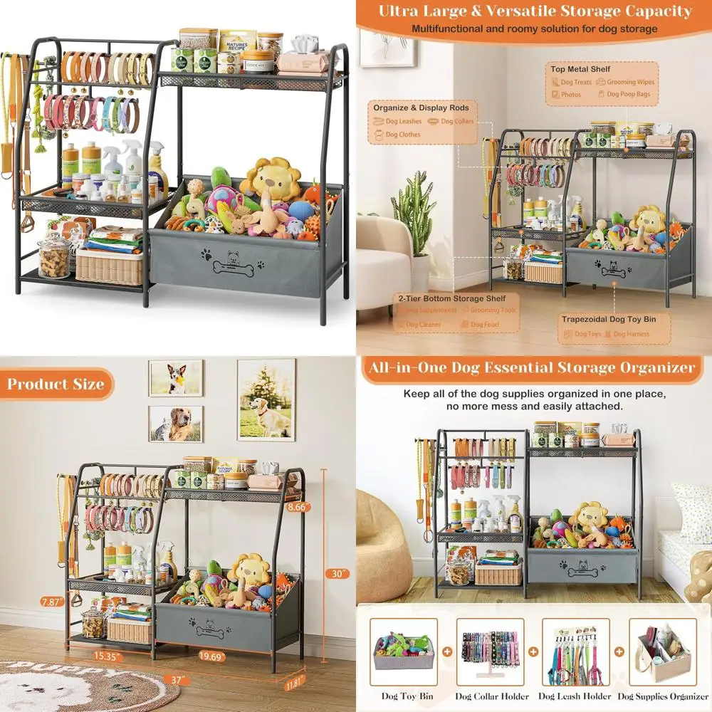 

Pet Storage Organizer for Large Dogs: Trapezoid Toy Basket with Collar & Leash Holder