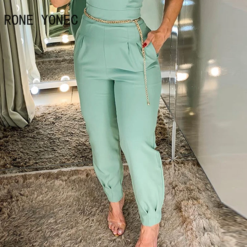 Women Elegant Solid One Shoulder Ruffle Decoration Chain Belts Formal Jumpsuit