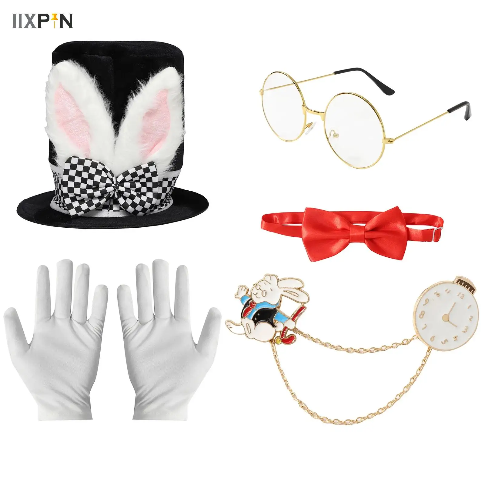 

White Rabbit Costume Set Naught Bunny Hat Rabbits Ears Topper Plush Hat Stockings Tutu Skirt Watch for Halloween Accessories Set