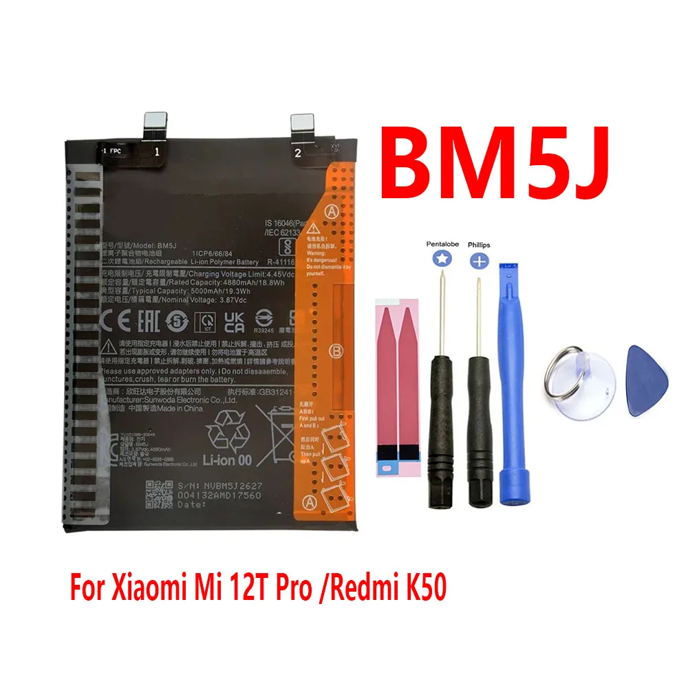 

2026 Brand New BM5J 5000mAh Battery For Xiaomi Mi 12T Pro /Redmi K50 Phone Replacement Batteries+Tools