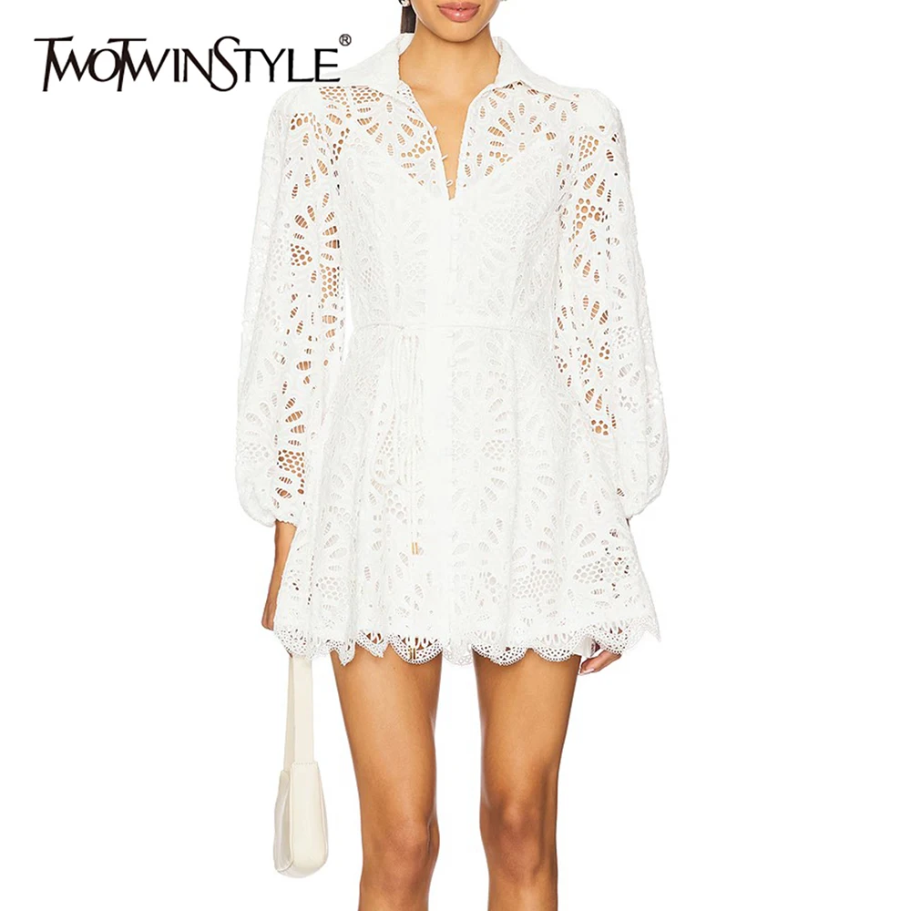 

TWOTWINSTYLE Hollow Out Spliced Single Breasted Fashion Dresses for Women Lapek Long Sleeves Patchwork Lace Up Mini Dress Female