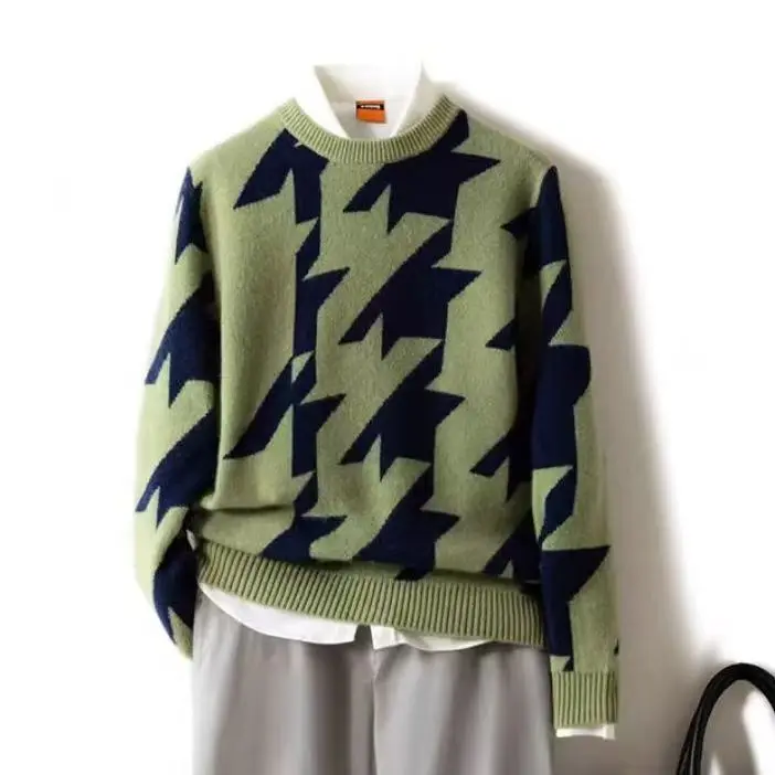 

100% Australian wool sweater loose large size crew neck sweater color matching thickened knitted bottoming shirt