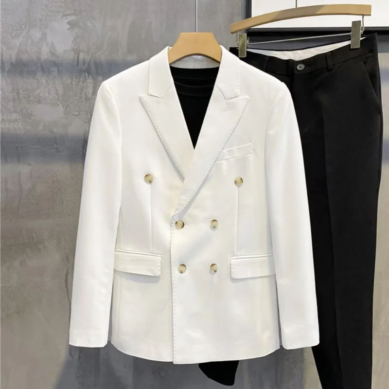 

2026 Spring Autumn Korean Style Slim Men White Double Breasted Blazer Lapel Casual Business Lightweight Sports Coat