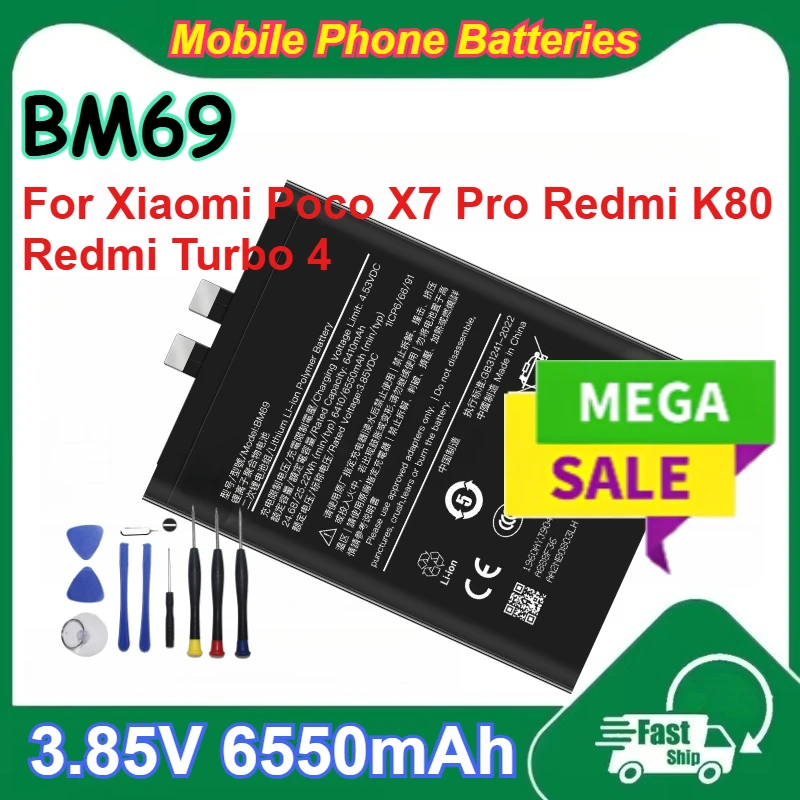 

BM69 3.85V 6550mAh Li-ion Polymer Battery with Tools for Xiaomi Poco X7 Pro Redmi K80 Redmi Turbo 4 Rechargeable Phone Batteries