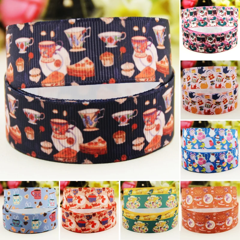 22mm 25mm 38mm 75mm Teacup cartoon printed Grosgrain Ribbon party decoration 10 Yards satin ribbons