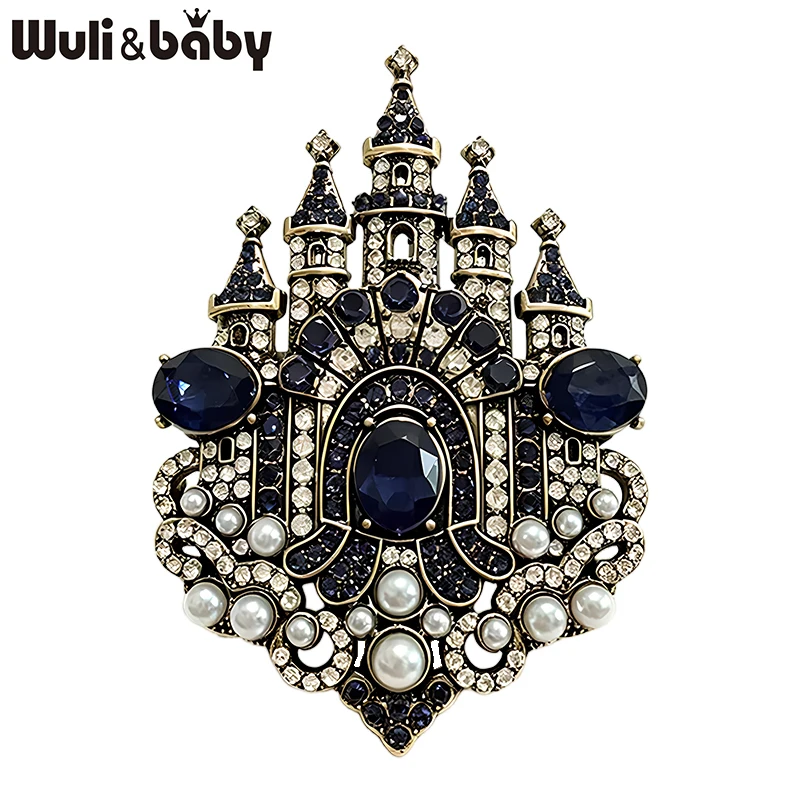 Wuli&baby Vintage Castle Brooches For Women Unisex 4-color Rhinestone Palace Party Casual Brooch Pins Gifts
