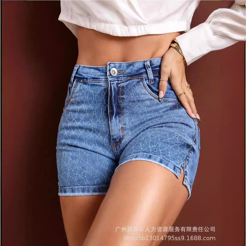 

Women Y2k Jeans Rhinestone Short Pants Blue Denim Shorts Casual Club Elegant Pant Y2k Streetwear High Waist Trousers Summer