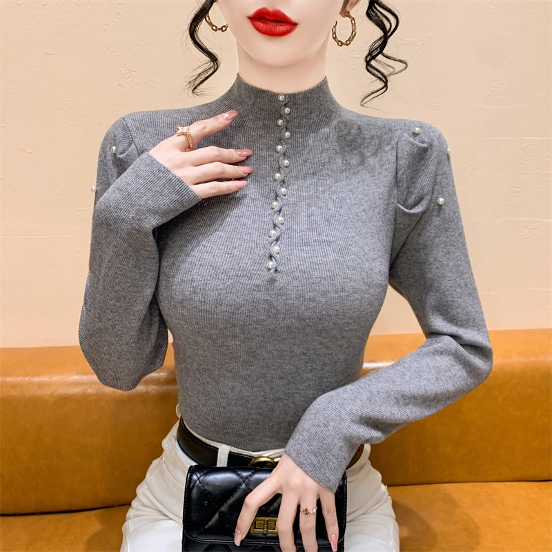 Slim Fit Damen Strickpullover Pearl Embellied f High Collar Base Layer Bubble Sve Top für Herbst Winter Faion