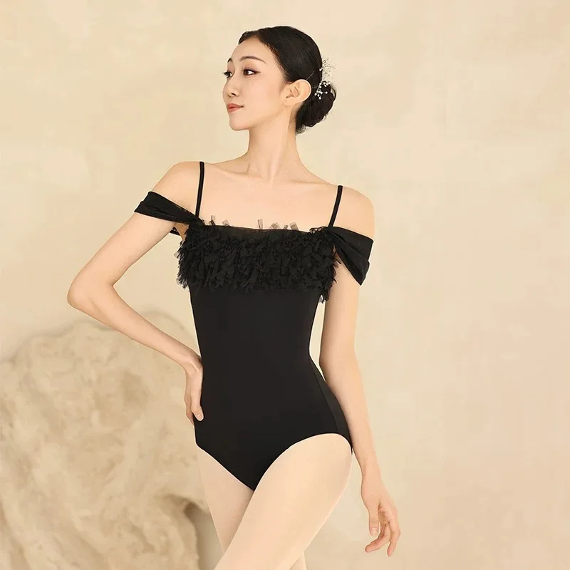 

Women Elegant 3D Floral Lace Mesh Splicing Bodysuit Dance Leotard Shorts Outfit Yoga Practice Ballerina Swan Lake Costume Black