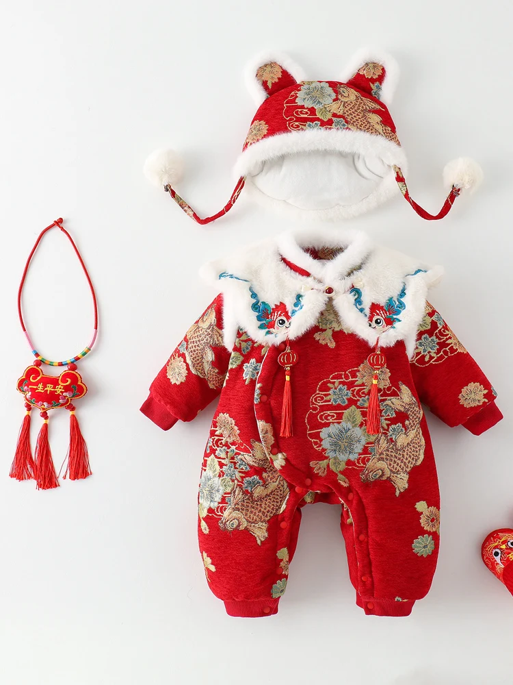 

Красный зимний ревер для маленьких девочек, праздничный наряд на китайский Новый год, хлопковая одежда, корейский Sle с мультяшным рисунком