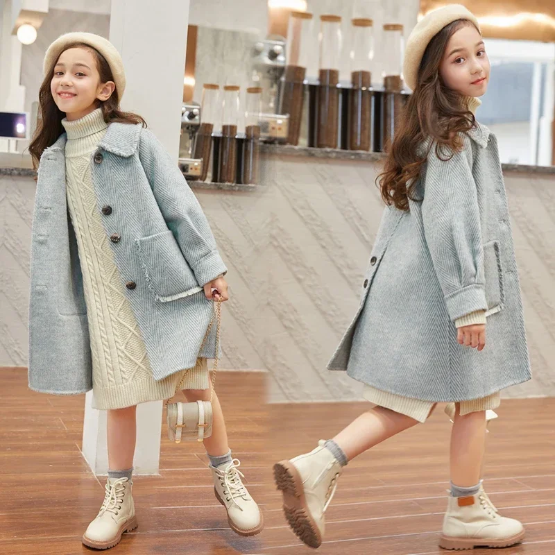 2024 Spring Autumn Long  Jacket Girls Kids Clothes Korean Woolen Coat Whole Outerwear Child Fashion Overcoat 3 To 6 8 14 Years