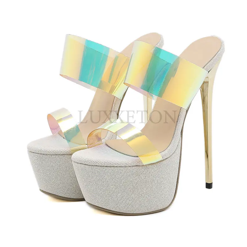 Fashion Open Toe PVC Transparent Platform Slippers Women Stiletto Heels Sandals Summer Ladies Pole Dancing Shoes Sliders