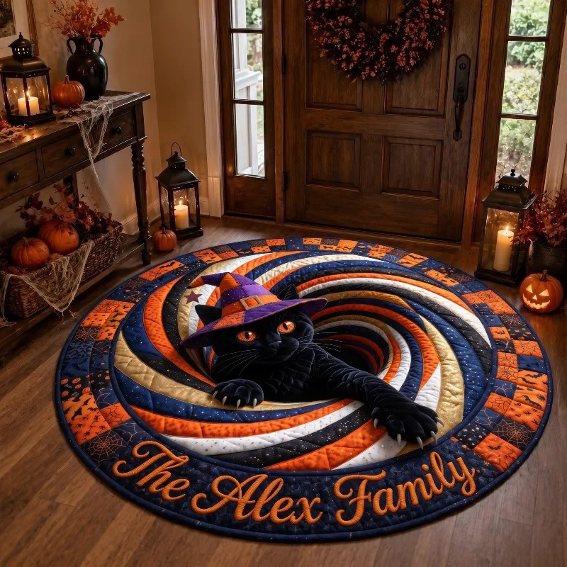 Round Holiday Mat 3D Spiral Vortex Abyss Printed Circular Carpet Smiling Little Ghost Scared Tabby Cat for Fireplace Sofa