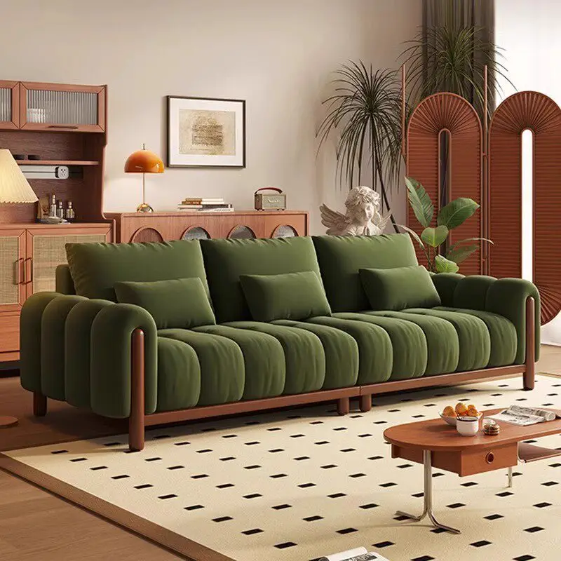 Oil wax leather sofa living room straight row double sofa size apartment