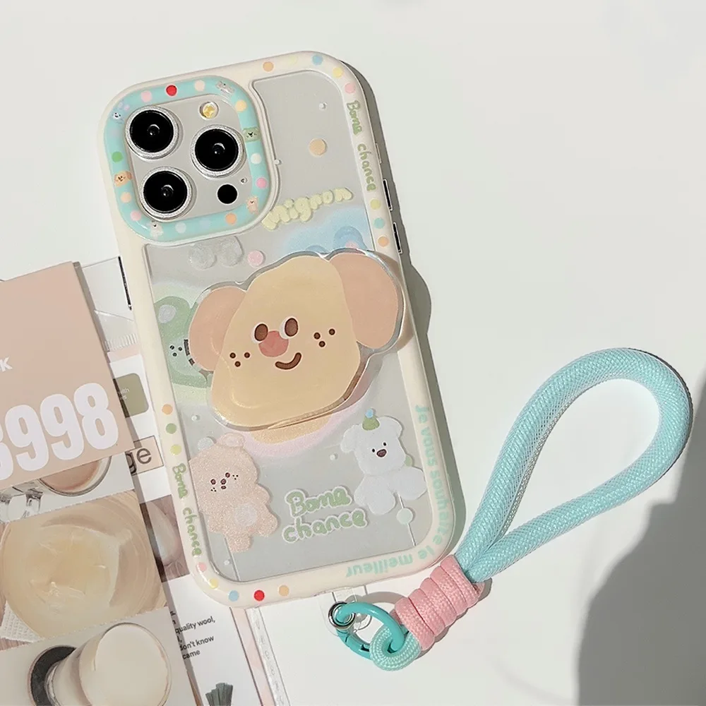 Korean Cartoon Puppy Bracket With Wrist Strap Phone Case For iPhone 17 16 15 14 13 12 11 Pro Max XS XR X Clear Shockproof Cover