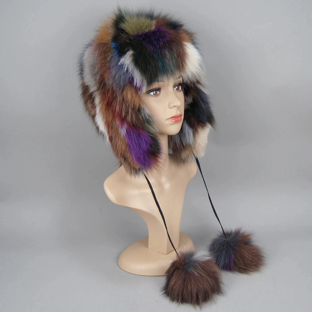 Winter Fur Hat For Women Hat With Ear Real Fox Fur Caps Russian Luxury Women Bomber Hats Bonnets Trapper Cap Camo Fox Hat