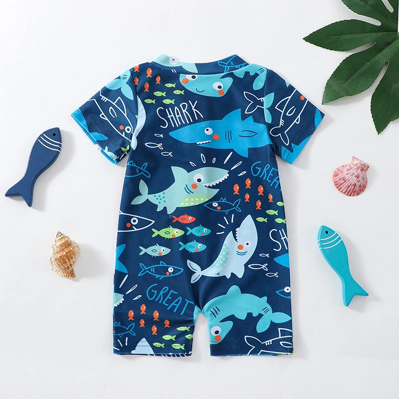 Kids Boys Summer Swimsuit Casual Shark Printed Short Sleeve Zipper Jumpsuit Swimwear Beachwear