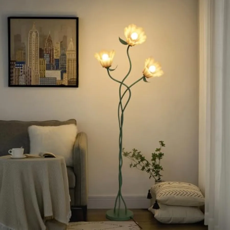 Vintage 3 Heads Flower Floor Lamp with Adjustable Gooseneck Corner Standing Tall Floor Lamp 3 Color Modes for Living Room Bedro