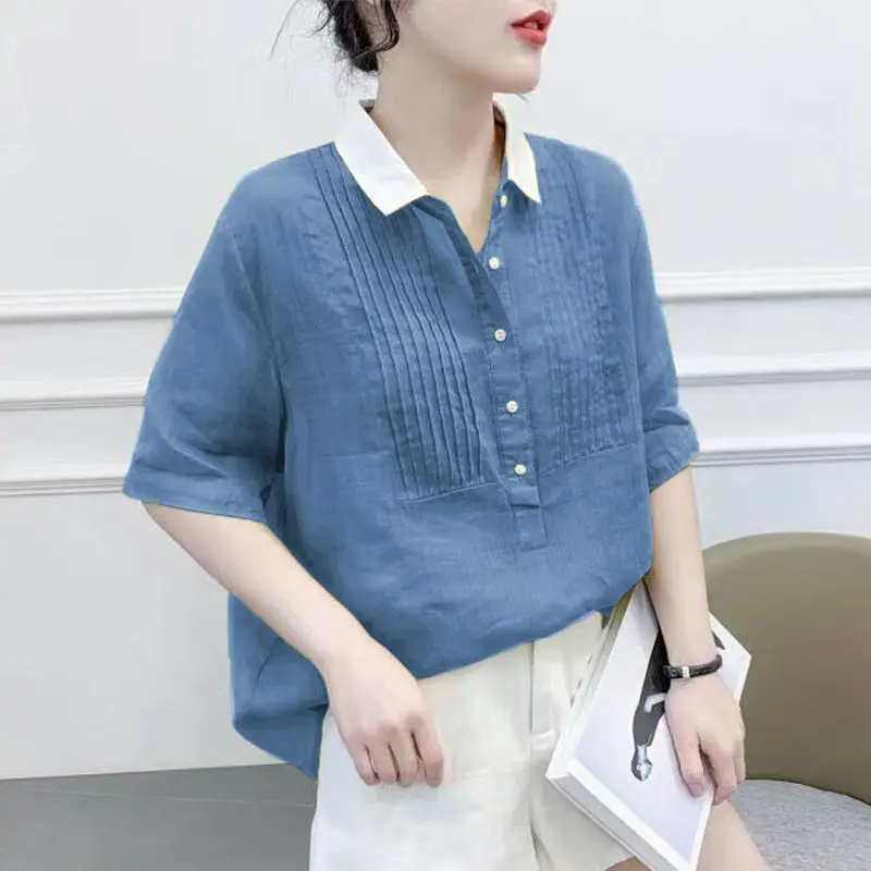 Vintage Loose All-match Contrast Shirt Tops Summer New Polo Neck Short Sleeve Solid Color Blouse Fashion Casual Women Clothing