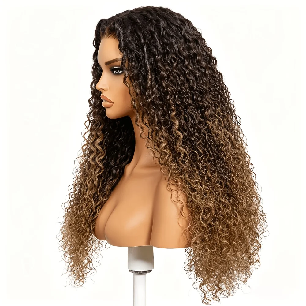 

Glueless Ombre Blonde Brown Kinky Curly 180 Density 26Inch Soft Long Lace Front Wig For Women With Baby Hair Synthetic Preplucked Heat Resistant Daily