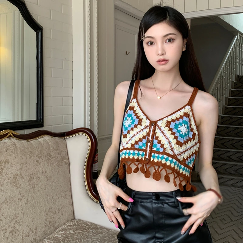 Vintage V-Neck Crochet Contrast Color Tassel Fashion All-Match Ethnic Holiday Style Dopamine Knitted Small Camisole Top