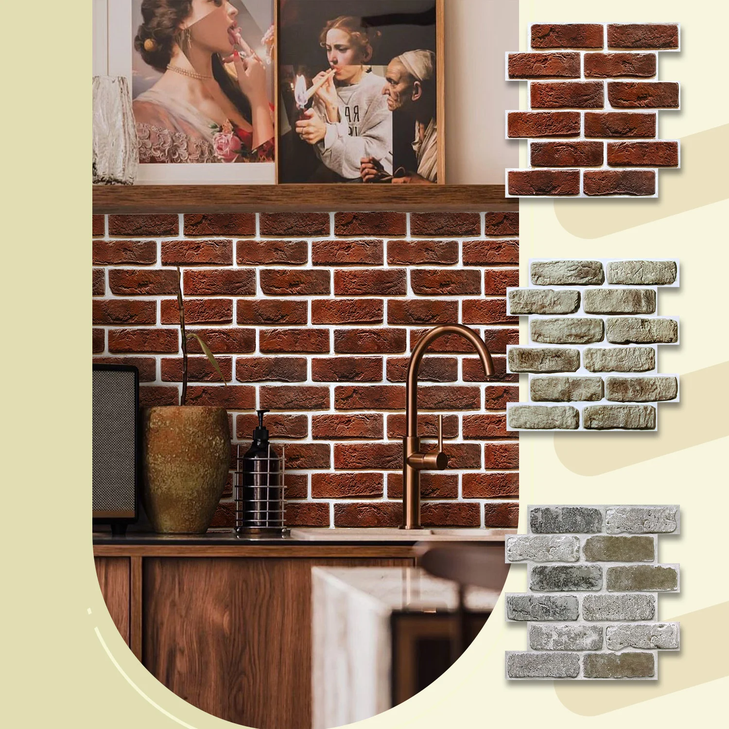 5/10/20PCS Vintage Red Brick 3D Wall Panels 30x30cm, Waterproof Peel and Stick Wall Stickers, Cuttable Decor for Kitchen and Liv