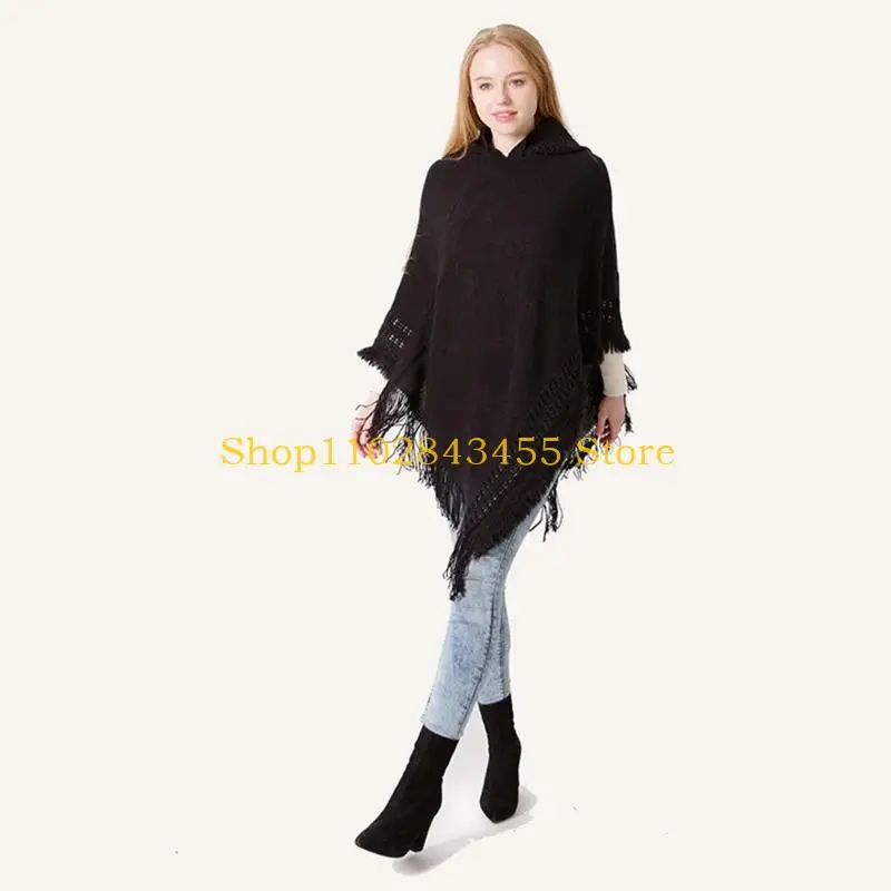 

49MC Women Winter Knit Hooded Poncho Crochet Fringed Tassel Shawl Wrap Sweater