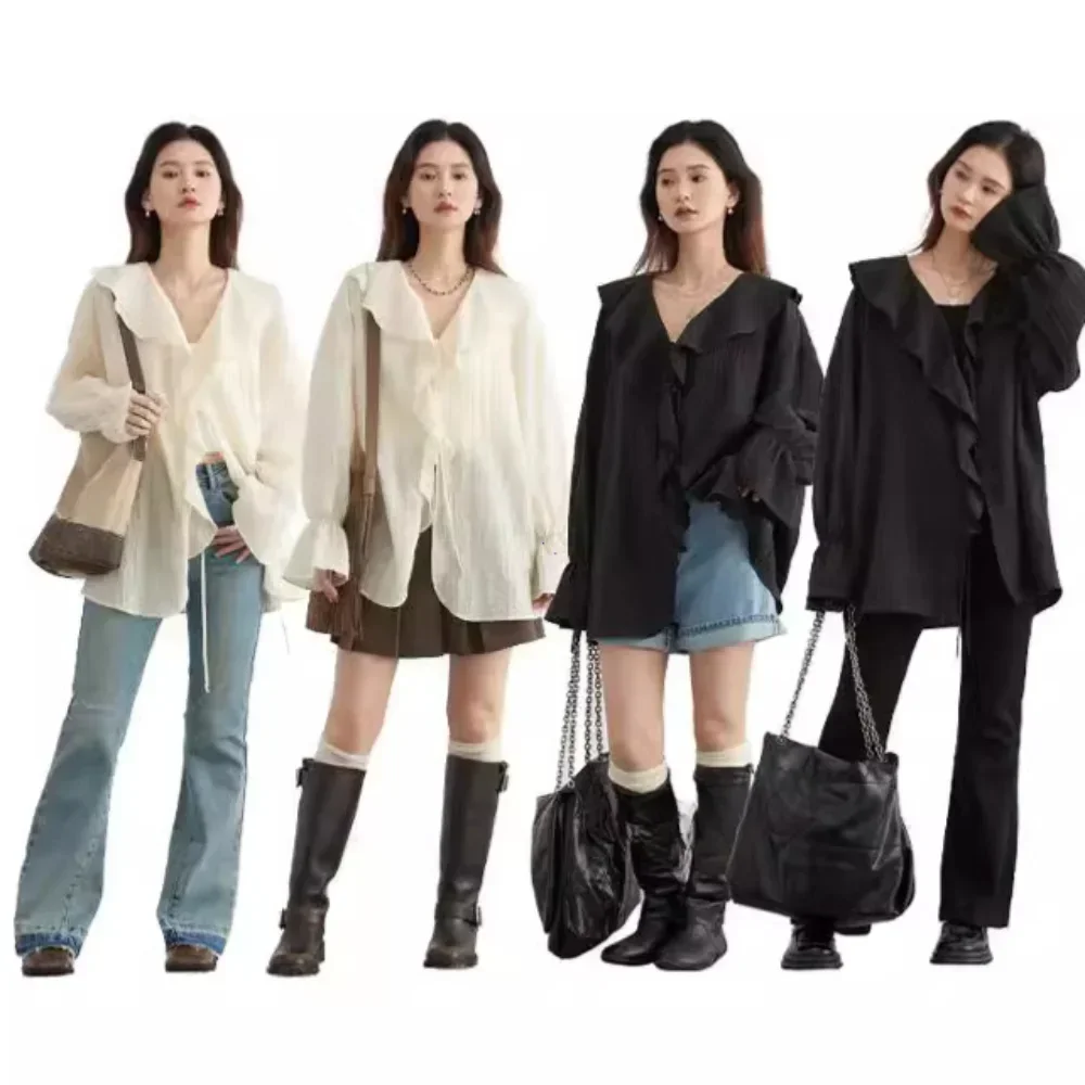 Koszula damska luźna na co dzień z marszczonymi krawędziami bluzki damskie V Neck zasznurować średniej długości koszule damskie wiosna lato 2025