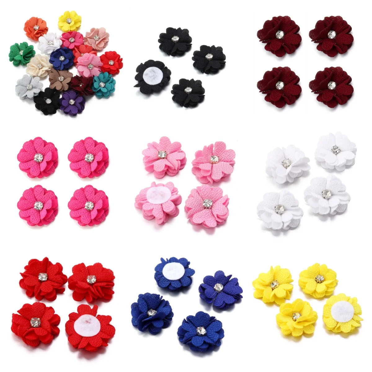 10pcs 3.5cm Burlap Fabric Flower Appliques With Rhinestone Four‑Petal Artificial Flower for DIY Hair Clip Garment Wedding Decor
