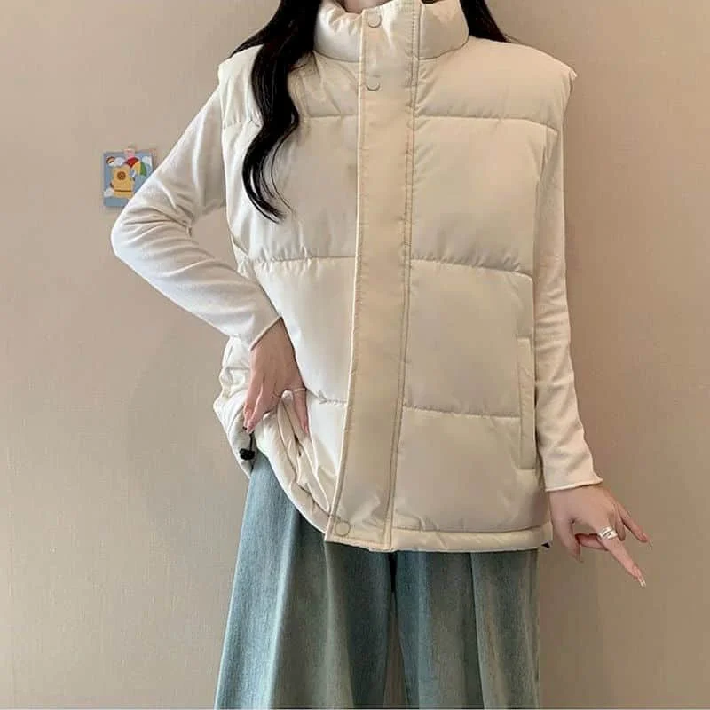 

Waistcoats Lightweight Adding Cotton Vests Casual Sleeveless Cardigans Vintage Korean Style Jackets Stand-up Collar Women Tops