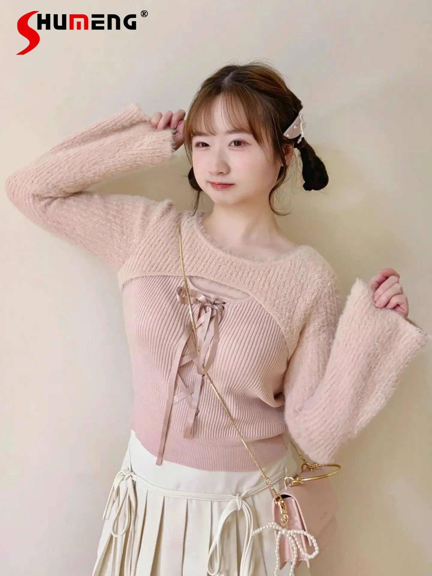 

Элегантный милый вязаный пуловер в японском стиле с круглым вырезом и длинными рукавами на шнуровке с бантом, свитера для женщин, весна 2026