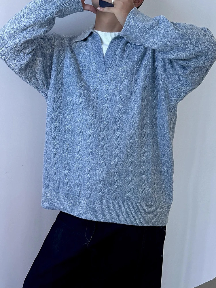 

Trendy Men's Twist Crochet Sweater Polo Shirt Autumn Casual Long Sleeve Knit Jumper Tops Mens Vintage Polo Neck Knitted Pullover