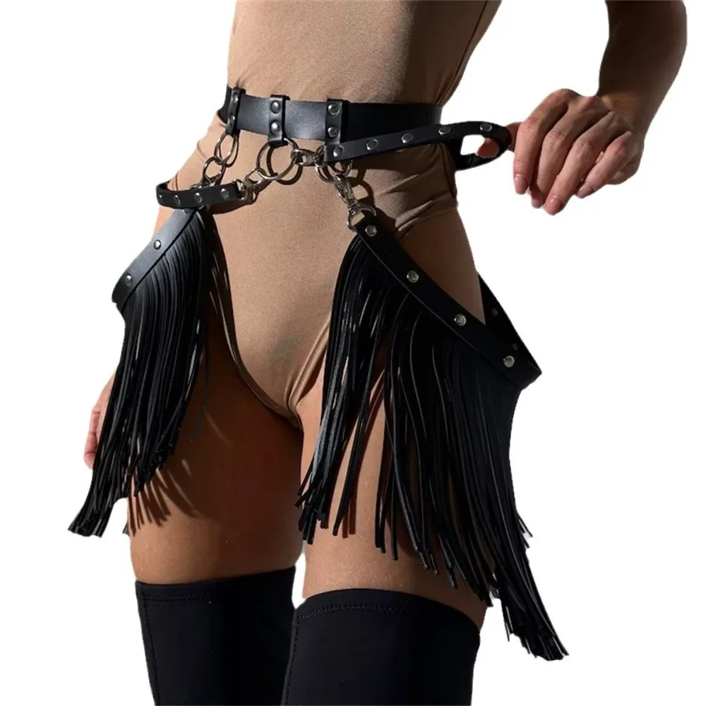 Bdsm sabuk Harness paha pengikat kulit PU Garter kaki badan Punk seksi jumbai pakaian dalam rok pendek wanita suspender Dewasa Fetish