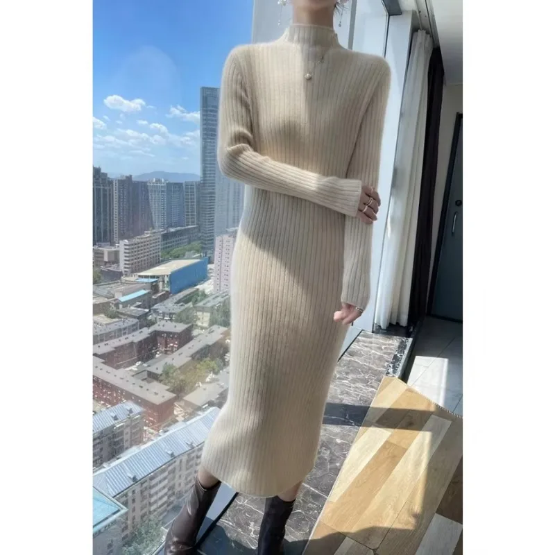 Sweater Dress Women Slim Fit Knit Long Sleeve Cashmere Long Skirt Dress Knitwear Women\'s Turtleneck Youth Female Clothing 2024