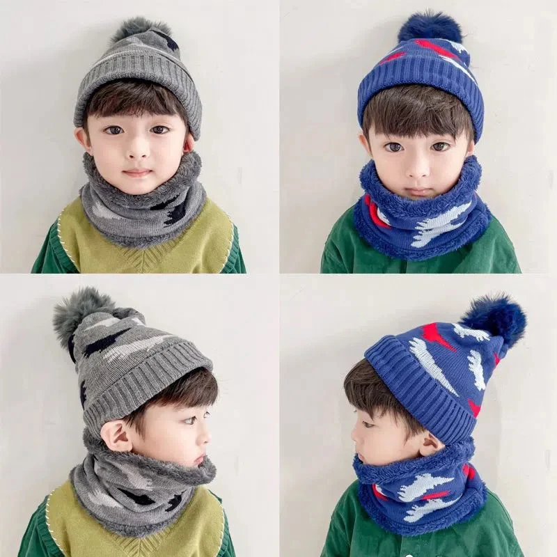 Doitbest 2023 Winter Boys Girls Warm Beanies Fur Inside Scarf Hat Set Dinosaur Cartoon 2 Pcs Simple Baby Kids Scarves Hats