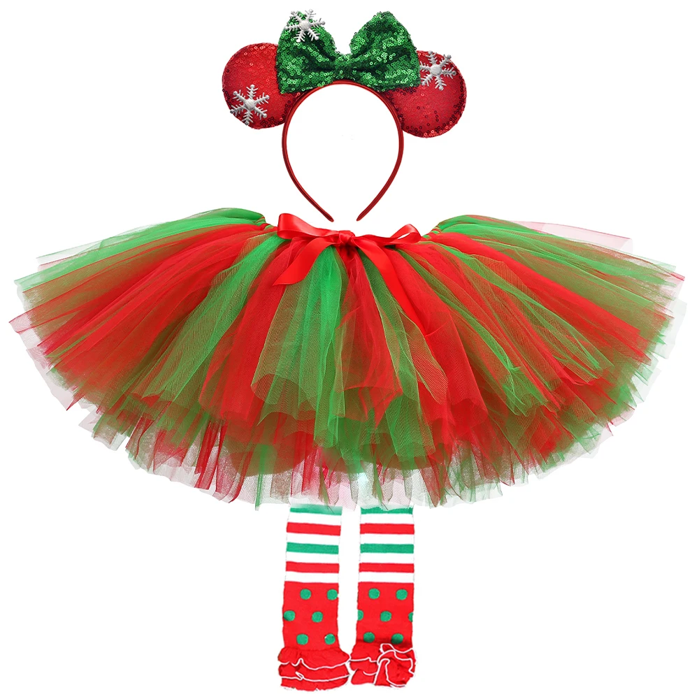 Red Green Christmas Tutu Skirt Outfit for Baby Girls Xmas Holiday Party Costume for Kids Toddler Tulle Skirts Set with Bow Socks