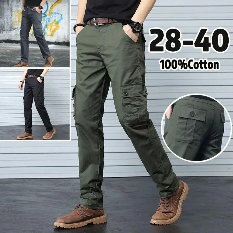 

Plus Size 28-40 Men Cargo Pants Spring Summer Autumn Casual Muti Pocket Cotton Slim Straight Long Outdoor Pants