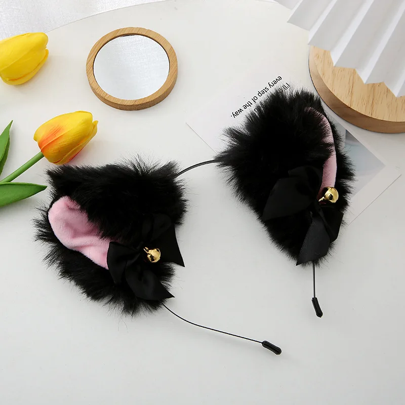 Sexy Cat Ears Headband for Women Girls Lace Bow Necklace Plush Bell Hairband Cosplay Masquerade-Party Costume Hair Accessories