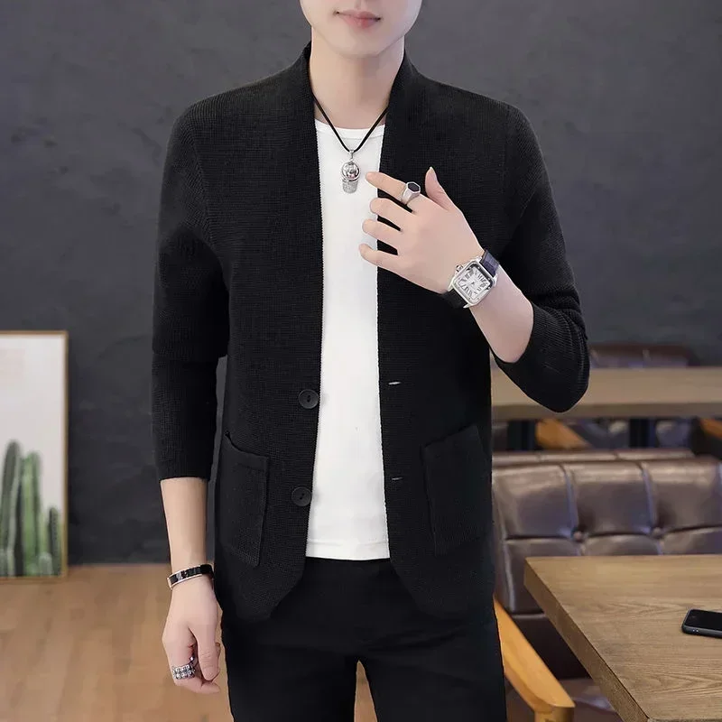 Knitted Sweaters for Men Business Cardigan Plain Man Clothes Solid Color Black Winter 2023 Over Fit Knit Cheap S Free Shipping V