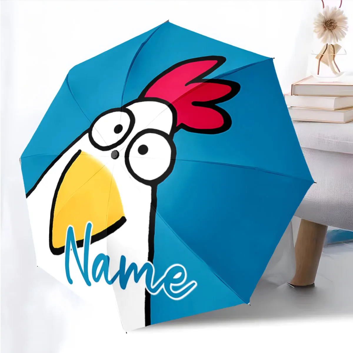 Custom Name Cartoon Chicken Design Stylish Blue Umbrella Print 8 Iron Ribs Folding Umbrella Auto-Open Fashion Sunshade