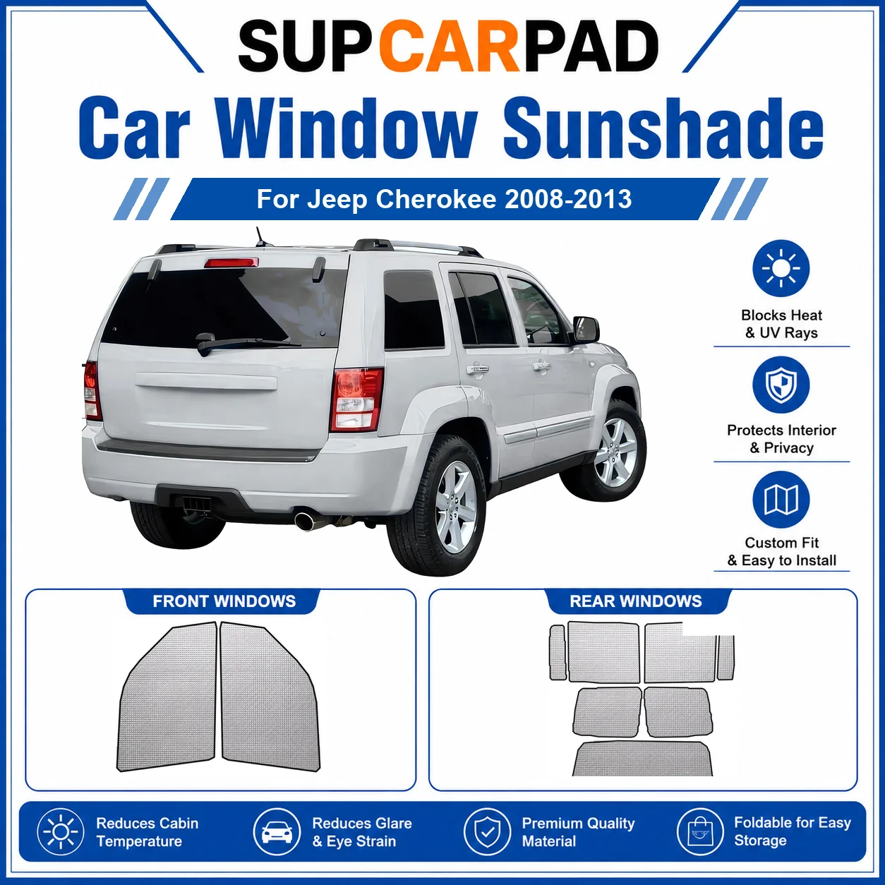 

For Jeep - Jeep Cherokee 2008-2013 Full Set Car Window Sunshades UV Block Privacy Heat Insulated Foldable Car Curtain