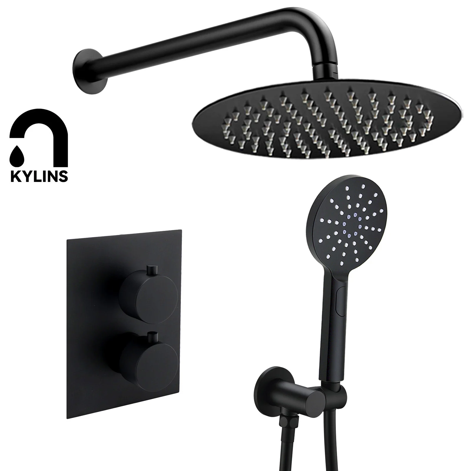 KYLINS Black Round Complete Shower Set Concealed Wall Mount Top Rain Head And Hand Held Two Functions Hot Cold Mixing Bathroom