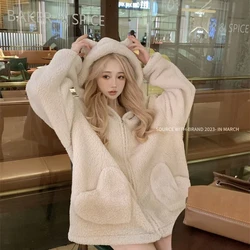 Sweet and Cute Lamb Fleece Thick Hooded Hoodie Jacket New Style for Aging Reduction Loose and Slimming Long Sleeve Top for Women