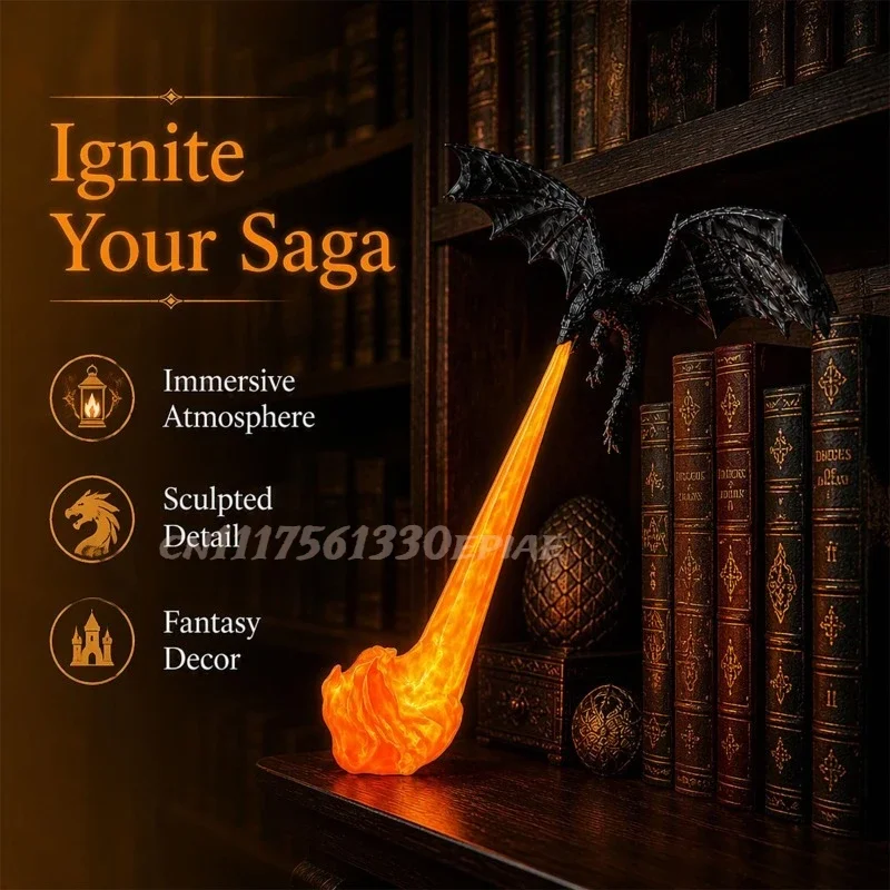 Dragon Bookshelf Nook Light,3D Printed Dragon Breathing Lamp Shelf Decor, Flying Dragon with Red Flame,Halloween Shelf Display