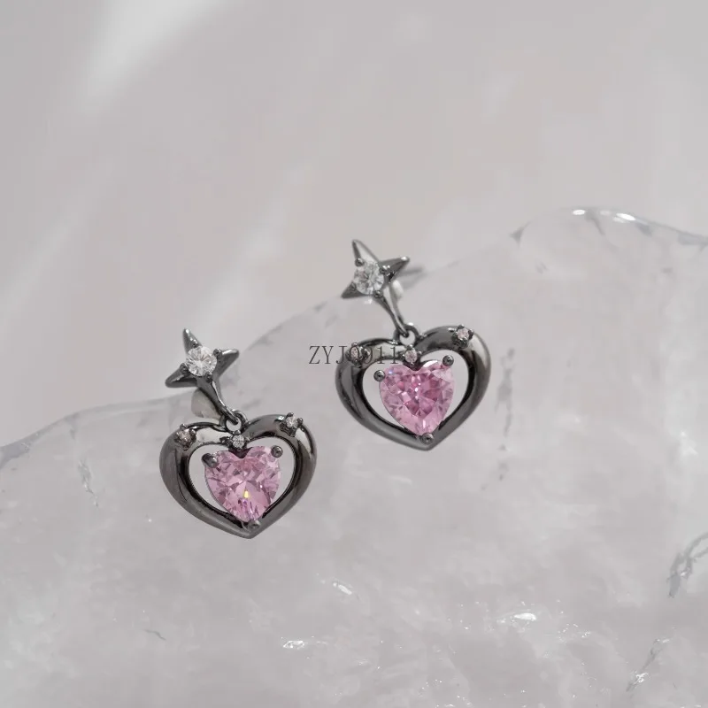 [blackpink] black and pink zircon love stud earrings niche sweet and cool girl heart earrings