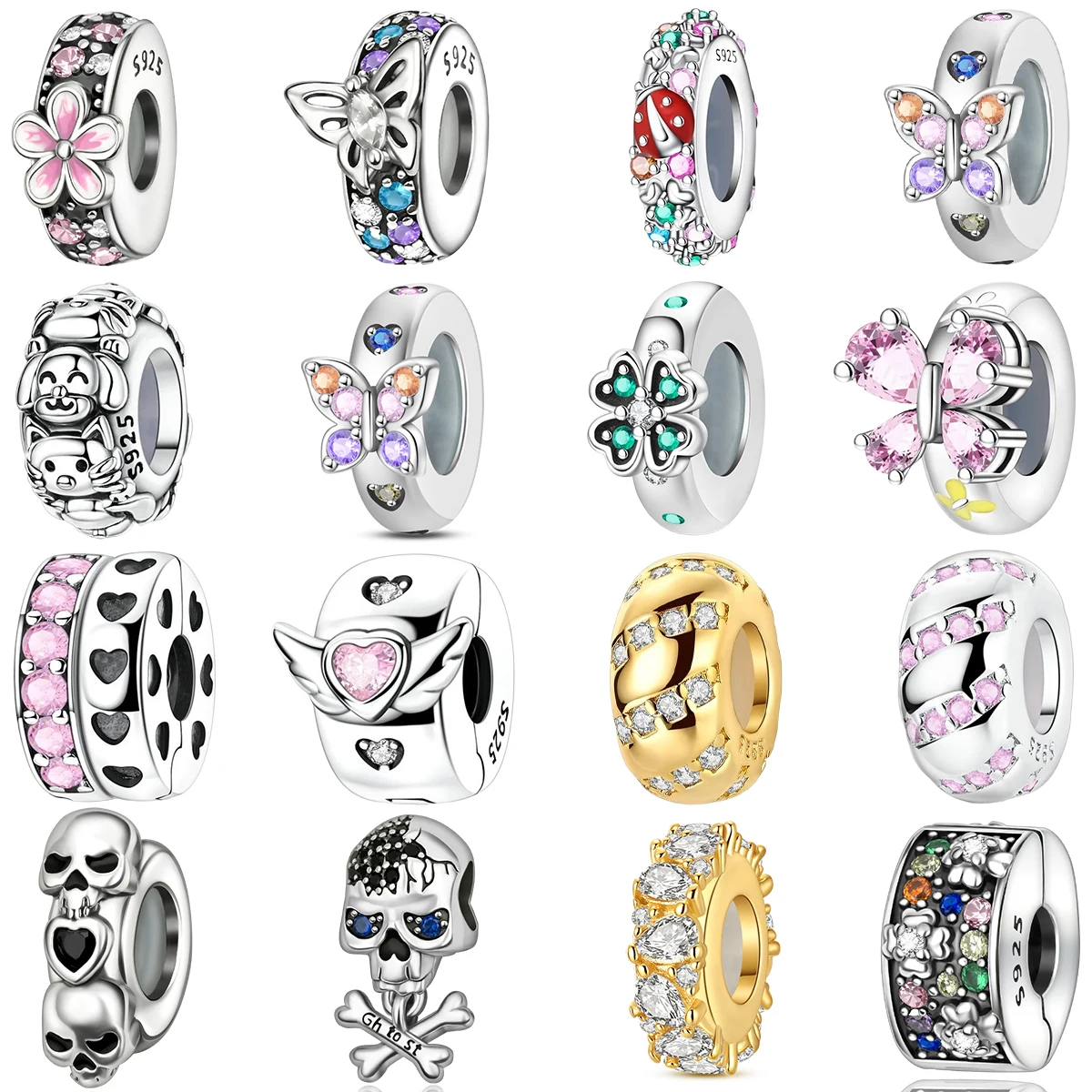 

925 Sterling Silver DIY Bracelet Space Gift Jewelry Gothic Romantic Floral Butterfly Clover Skull Heart Bead Enamel Inlaid Gem