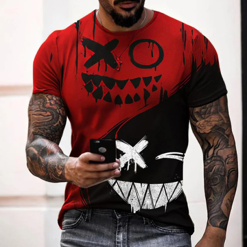 Mens T-shirt scary jagged tooth smile face X mark eye graffiti texture print short sleeve crew neck loose dark fashion tee