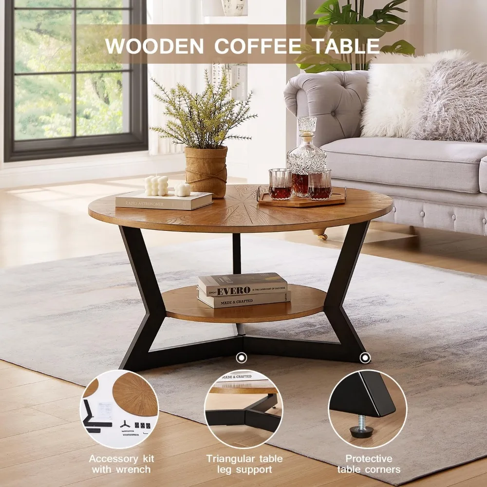 Coffee Table, Round Wood Coffee Table for Living Room with 2-Tier Table Top with Storage Rack, Metal Leg Triangle Support Design