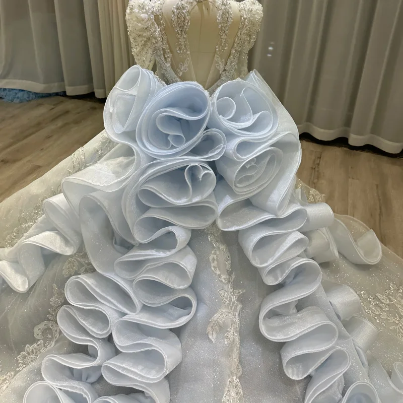 Vestido de novia de cola de diseño plisado de manga larga azul para niños